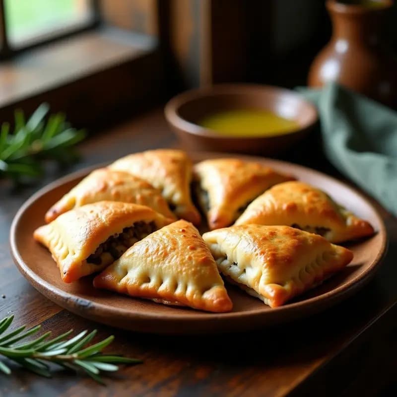 Empanadas doradas y crujientes de masa de yuca rellenas de picadillo de hongos portobello, shiitake y aceitunas negras, servidas en un plato de madera rústico con hierbas frescas al lado. Receta vegana sin gluten.