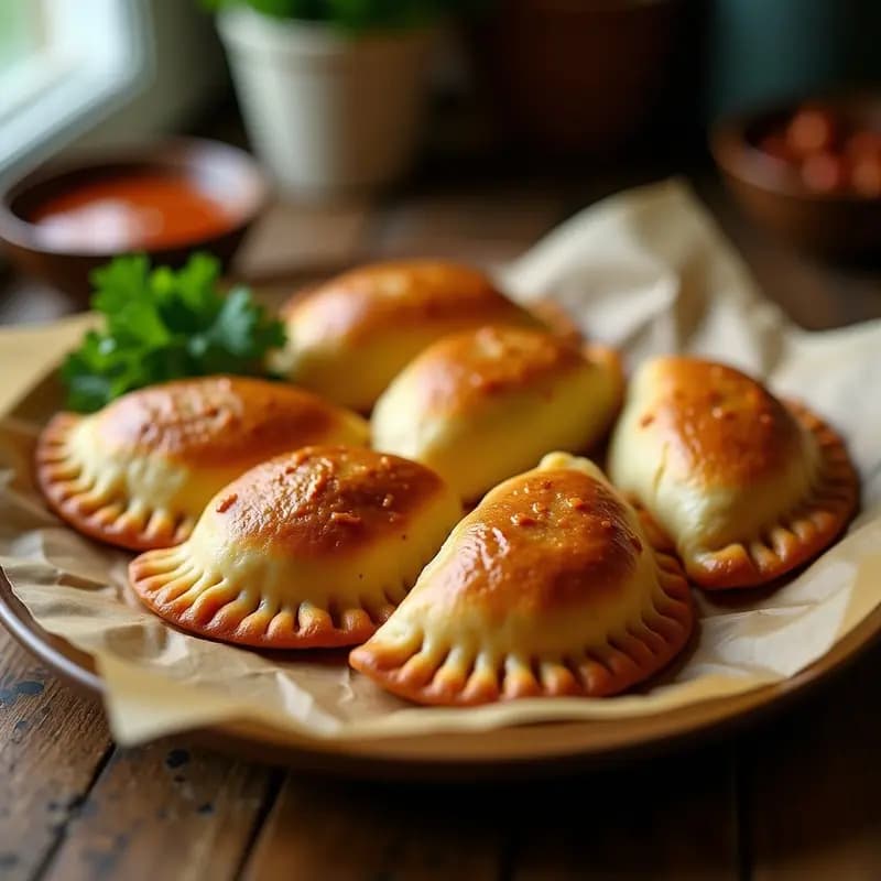 Empanadas doradas y crujientes de picadillo de soja y aceitunas, receta cubana vegana y sin gluten, cocinadas en Airfryer, dispuestas en un plato de madera con hojas de plátano.