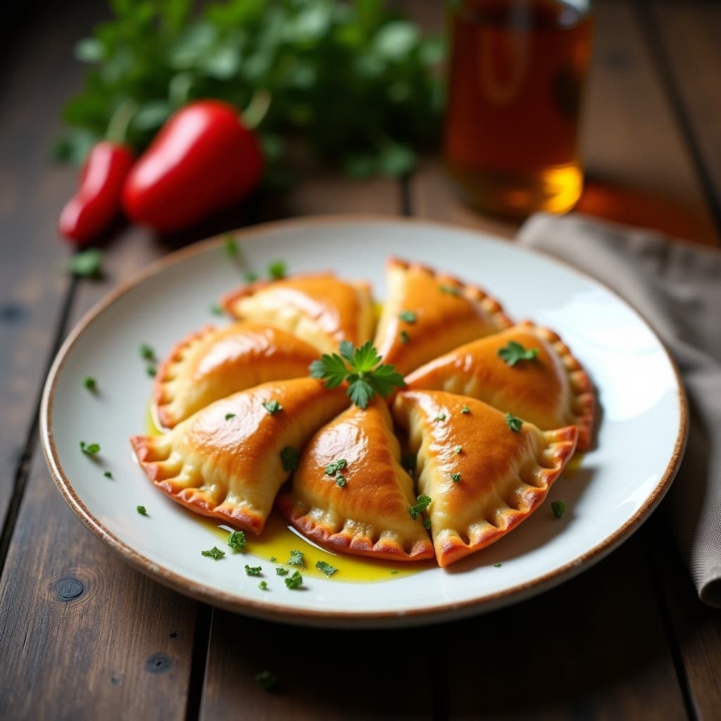 Empanadas gallegas sin harina de pimiento del padrón y merluza, cocinadas al vapor en olla exprés, servidas en plato rústico de barro con perejil fresco y un hilo de aceite de oliva virgen extra.