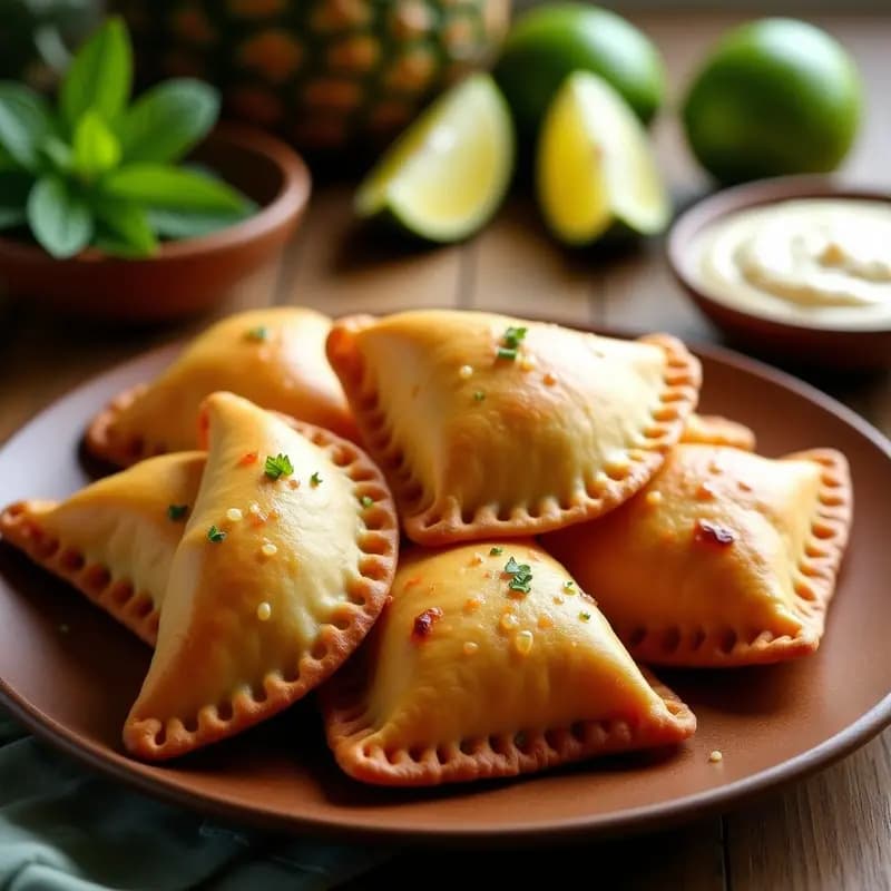 Empanadas doradas y crujientes de piña y jamón cubanas, servidas en un plato de madera rústico con hojas de cilantro fresco y una salsa cremosa al lado, receta de airfryer.