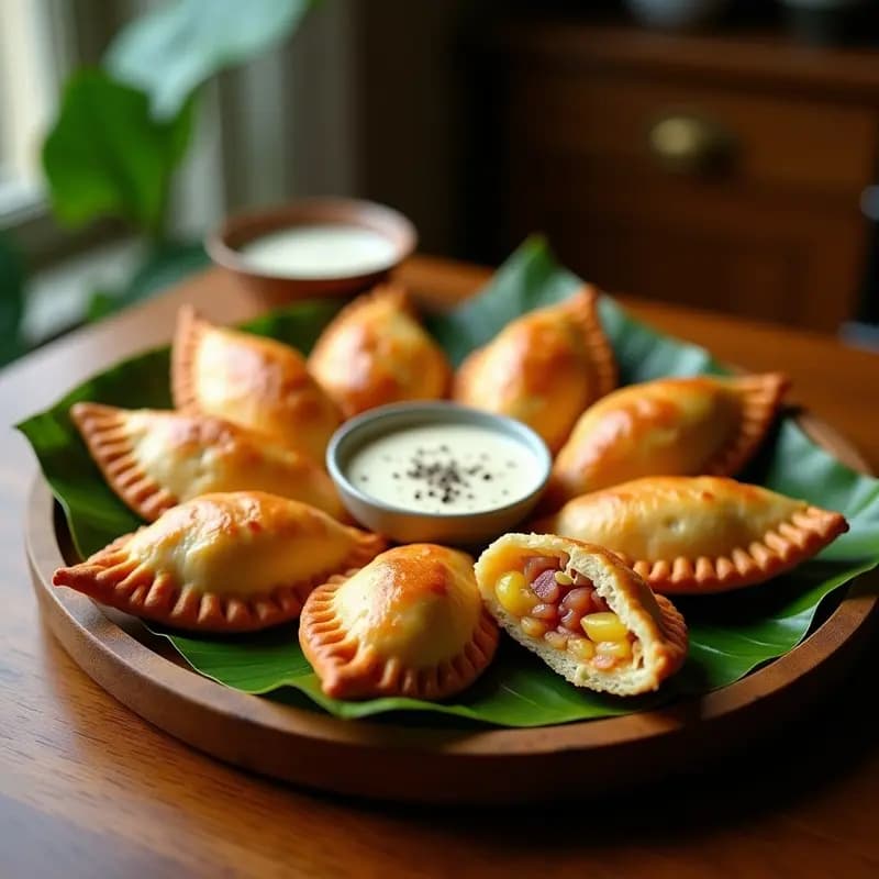 Empanadas filipinas doradas y crujientes con relleno de piña caramelizada y jamón ahumado, dispuestas en una bandeja de madera rústica con hojas de plátano de fondo.