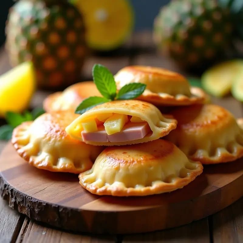 Empanadas doradas y crujientes de masa de yuca abiertas por la mitad, mostrando un relleno derretido de piña caramelizada, jamón serrano y queso mozzarella. Plato rústico de madera con hojas de menta como decoración, estilo colombiano gluten-free.