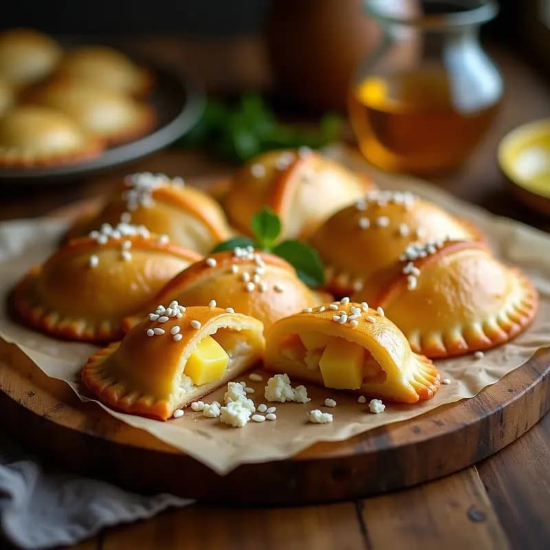 Empanadas doradas y crujientes en airfryer rellenas de piña caramelizada y queso azul desmenuzado, con semillas de sésamo en la superficie, receta colombiana dulce-salada.
