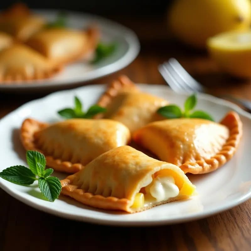 Empanadas doradas y crujientes rellenas de piña caramelizada y queso crema, servidas en un plato blanco con hojas de menta como decoración, postre colombiano dulce-salado.