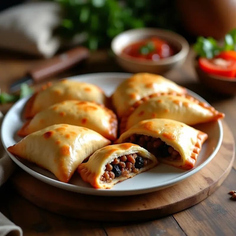 Empanadas de pino chilenas doradas y crujientes en airfryer, con relleno de carne molida, pasas y aceitunas, servidas en una bandeja de madera rústica con pebre al lado.