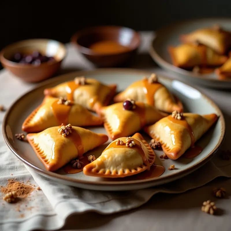 Empanadas doradas y crujientes rellenas de pino dulce, bañadas en caramelo de chancaca espeso con nueces picadas, servidas en una fuente de barro sobre un mantel de lino. Postre chileno tradicional.