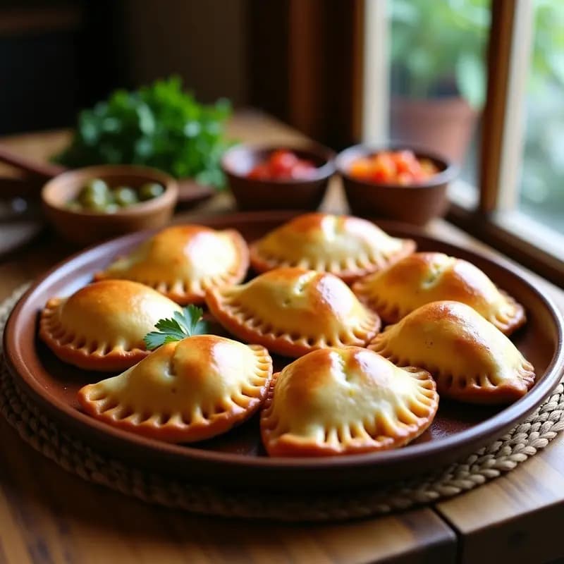 Bandeja de empanadas chilenas de pino con carne molida y aceitunas, doradas y crujientes, servidas en una mesa rústica con pebre y ají cristal para fiestas tradicionales.