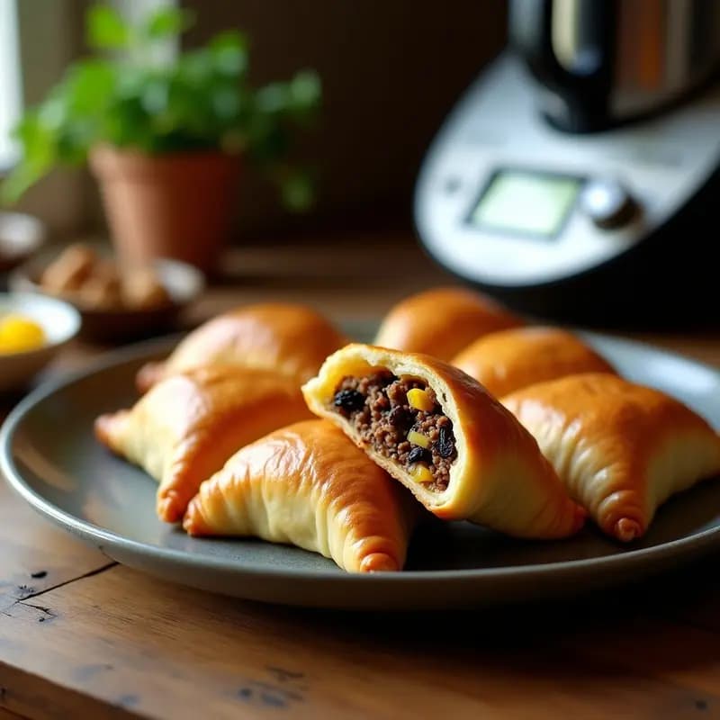 Bandaja de empanadas chilenas de pino con carne y huevo, doradas y crujientes, horneadas a la perfección, con relleno jugoso visible en el corte. Receta casera en Thermomix.
