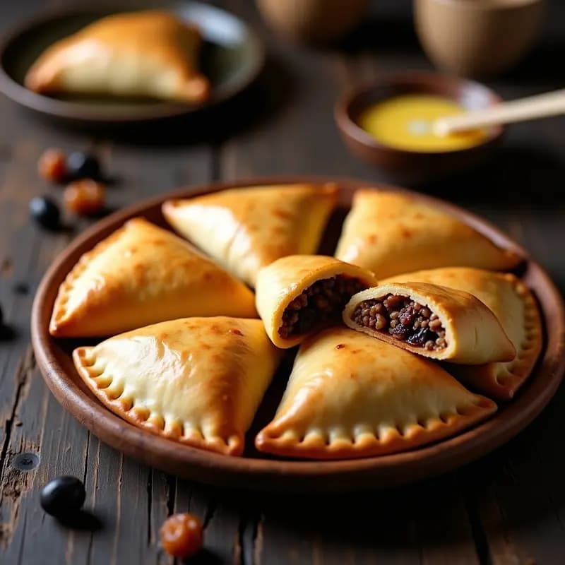 Empanadas chilenas de pino doradas y crujientes, rellenas de carne picada jugosa con pasas rubias y aceitunas, dispuestas en una bandeja de madera rústica con un fondo de cocina tradicional.
