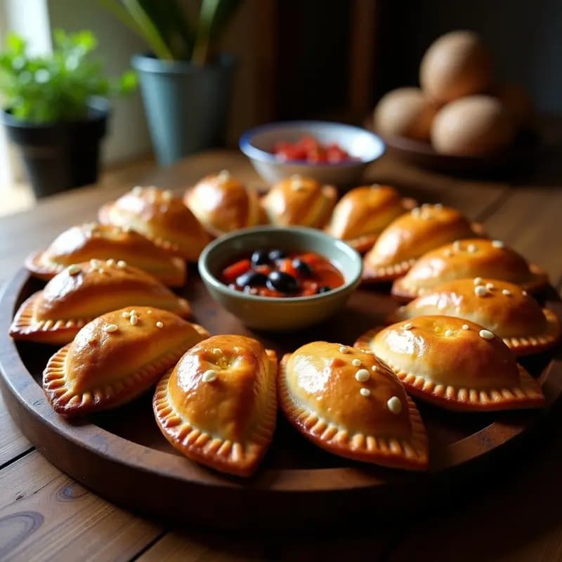 Empanadas chilenas de pino doradas y crujientes sobre una bandeja de madera, con relleno de carne de res, aceitunas y huevo duro asomándose. Acompañadas de pebre y hierbas frescas.