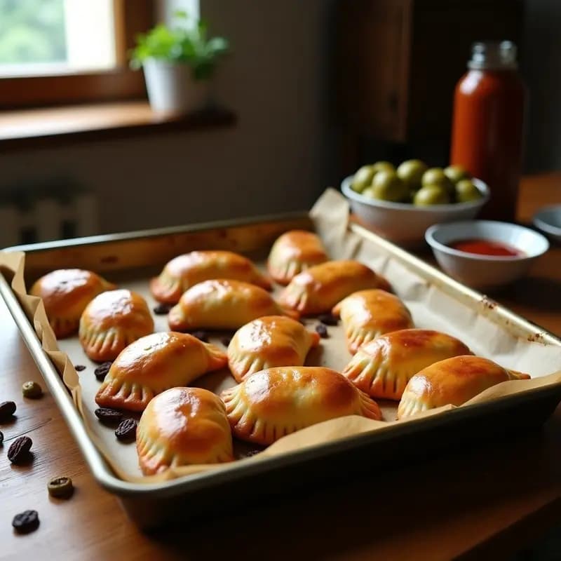 Bandeja de empanadas de pino chilenas horneadas, doradas y crujientes, con relleno de carne de res, pasas y aceitunas, dispuestas sobre papel de horno.