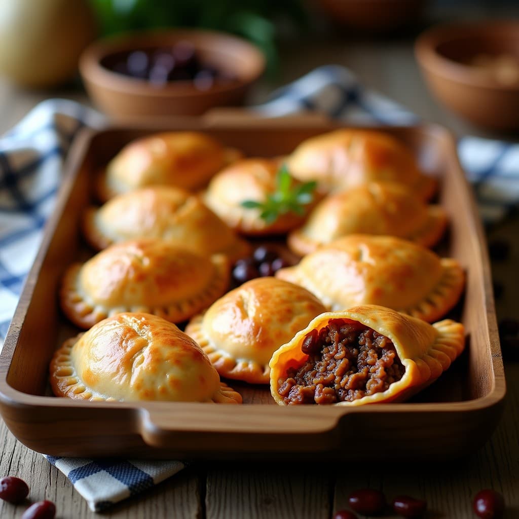 Empanadas de pino veganas chilenas con masa dorada y crujiente, rellenas de carne de soja, pasas rubias y champiñones portobello, dispuestas en bandeja de madera con perejil fresco y aceitunas negras como decoración.