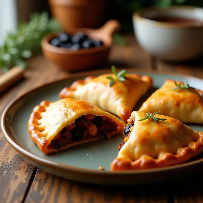 Empanadas de pino veganas doradas y crujientes en airfryer, con relleno jugoso de carne vegetal, aceitunas y pasas, sobre fondo rústico de madera.