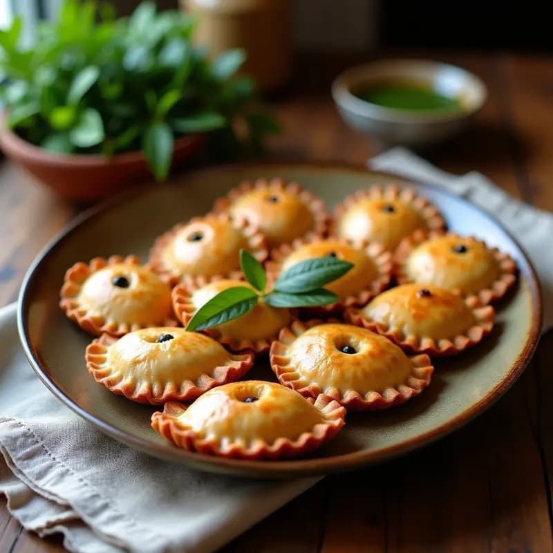 Bandja de empanadas de pino chilenas doradas al horno, con bordes repulgados y corte superior. Rellenas de carne jugosa, aceitunas negras y pasas rubias, servidas sobre un mantel de lino con hojas de laurel.