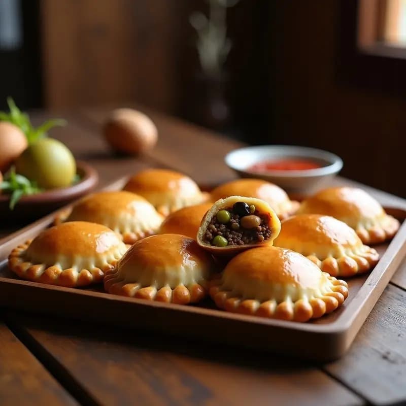 Empanadas de pino chileno doradas y crujientes, rellenas de carne de res y cerdo con aceitunas verdes y negras, servidas en una bandeja de madera rústica con pebre al lado.