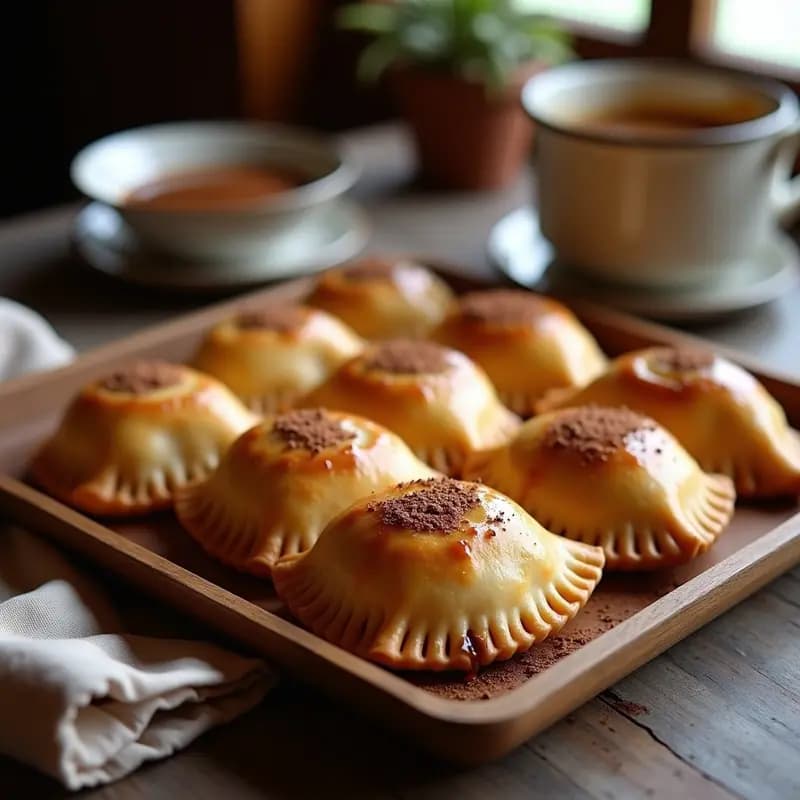 Bandeja de empanadas chilenas de pino doradas y crujientes, rellenas de chocolate negro y dulce de leche, espolvoreadas con azúcar glass sobre un mantel rústico. Postre tradicional con toque gourmet.