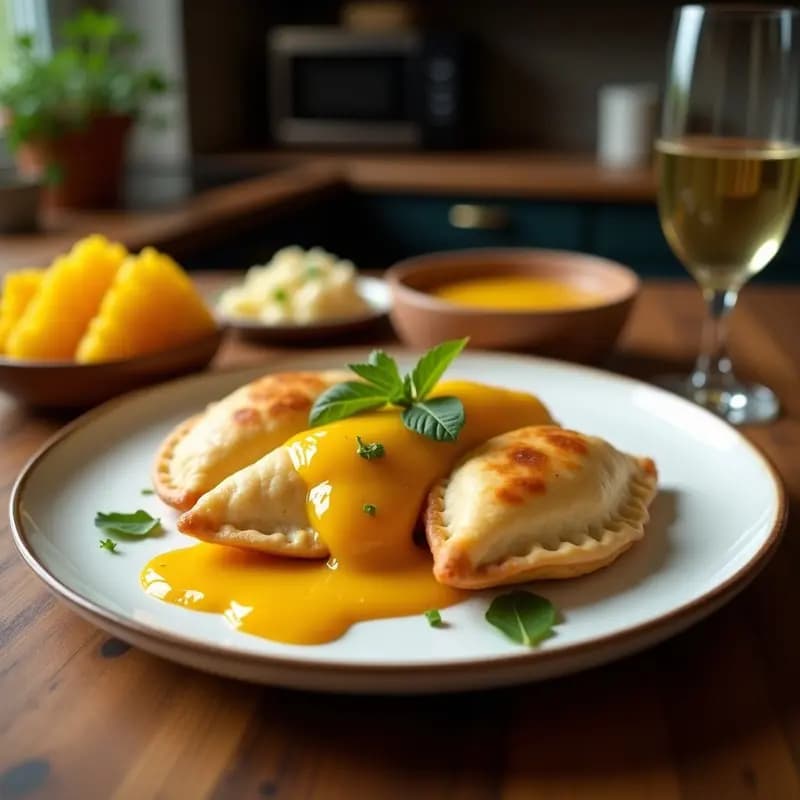 Empanadas chilenas gourmet horneadas con relleno de pino y chutney de mango, doradas y crujientes, servidas en una bandeja de madera rústica con hojas de cilantro fresco.