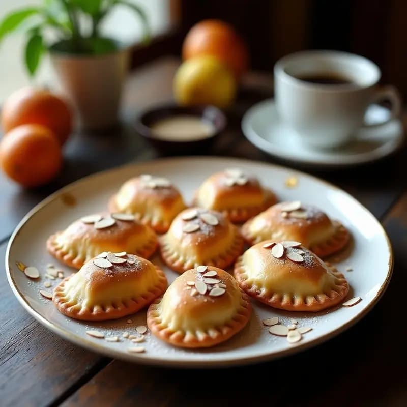 Empanadas chilenas de pino dulce rellenas de dulce de leche y membrillo, con almendras fileteadas y azúcar glass, dispuestas en un plato de cerámica blanca con detalles dorados.