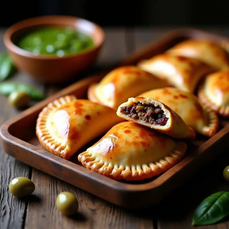 Empanadas de pino argentinas doradas con masa de espelta sin gluten, dispuestas en una bandeja de madera rústica con un huevo duro cortado por la mitad y aceitunas verdes como decoración. Receta tradicional sin gluten.