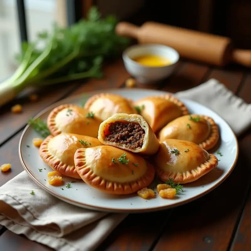 Bandja de empanadas chilenas doradas y crujientes, rellenas de pino con hinojos y pasas, servidas sobre un mantel de lino rústico con hojas de hinojo fresco como decoración.