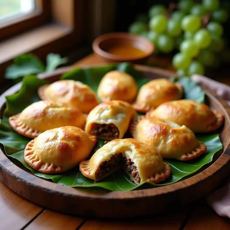 Empanadas chilenas de pino con hojas de parra doradas, rellenas de carne jugosa, cebolla y huevo, servidas en bandeja de madera rústica con pebre al lado.