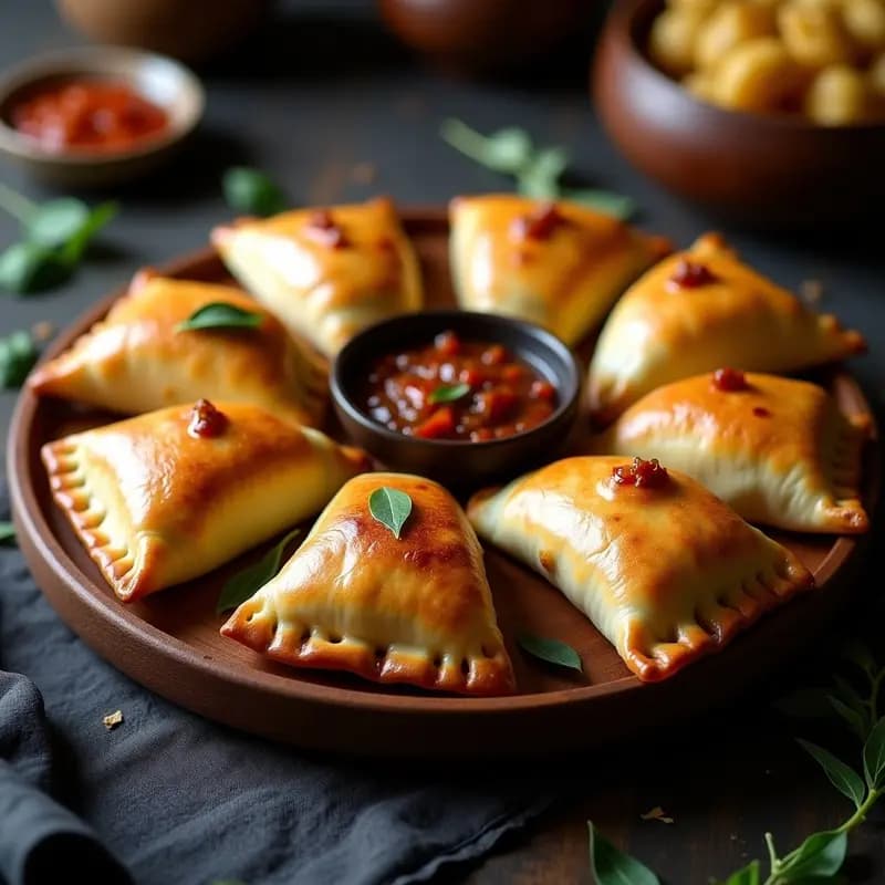 Empanadas chilenas veganas y sin gluten de pino con relleno de Hongos Portobello, doradas y crujientes, dispuestas en una bandeja de madera rústica con hojas de laurel. Receta tradicional reinventada.
