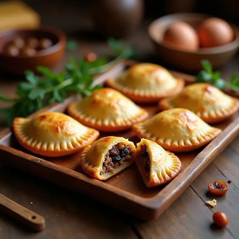 Empanadas chilenas de pino con masa dorada de kiwicha, rellenas de carne, aceitunas y huevo, servidas en bandeja rústica de madera con decoración de perejil fresco.