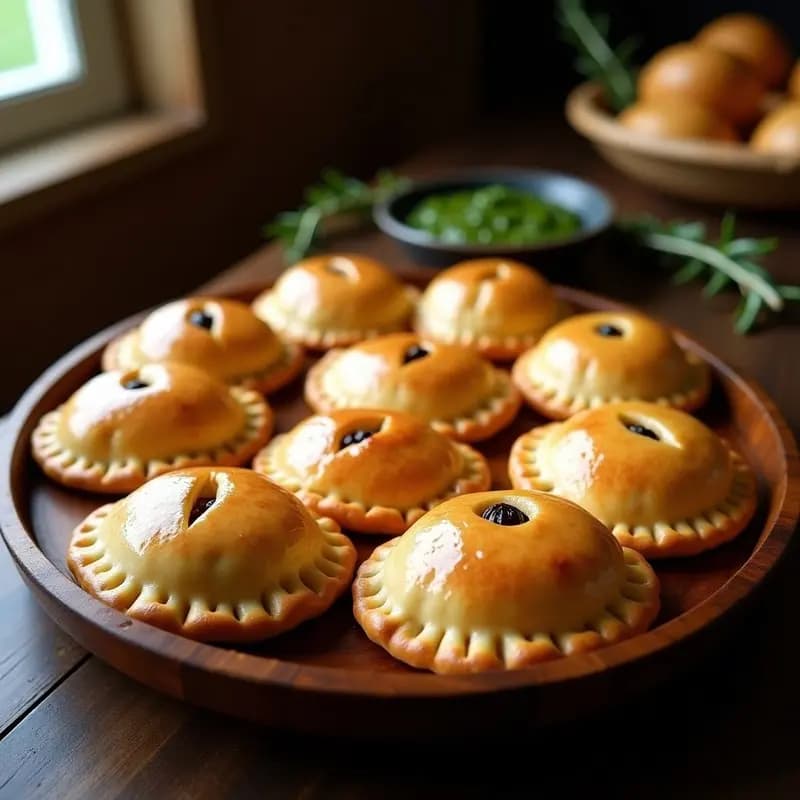 Empanadas de pino chilenas tradicionales con masa de harina de trigo dorada al horno, rellenas de carne jugosa, huevo, aceitunas y pasas, dispuestas en una bandeja de madera rústica con hierbas frescas.