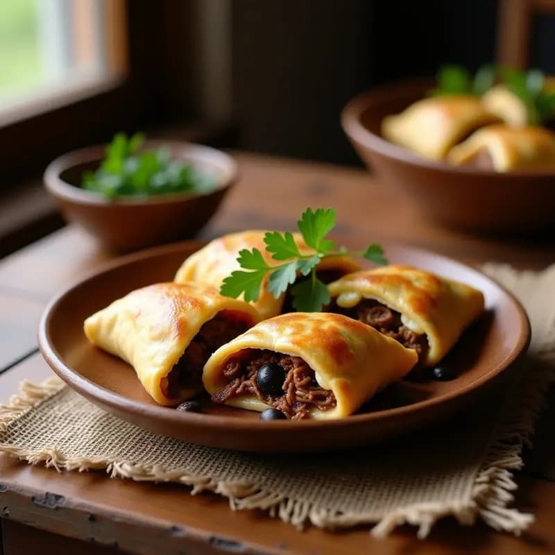 Empanadas chilenas de pino con masa dorada de yuca, rellenas de carne mechada jugosa, huevo duro y aceitunas, servidas en un plato de barro con perejil fresco.