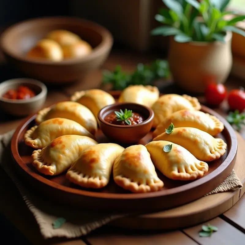 Empanadas chilenas de pino con masa de yuca dorada, rellenas de carne jugosa, cebolla, aceitunas y huevo duro, servidas en una fuente de madera rústica con hojas de laurel.