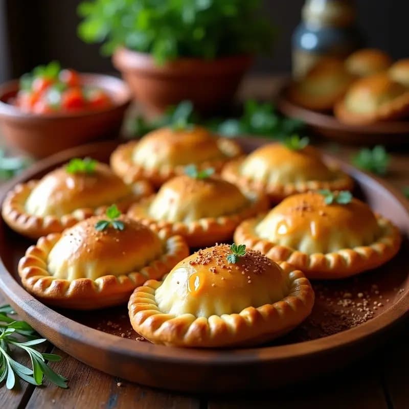 Empanadas chilenas de pino con merquén doradas al horno, con bordes repulgados y brillantes por el huevo batido, servidas en una bandeja de madera rústica con hojas de laurel y un cuenco de pebre al lado.