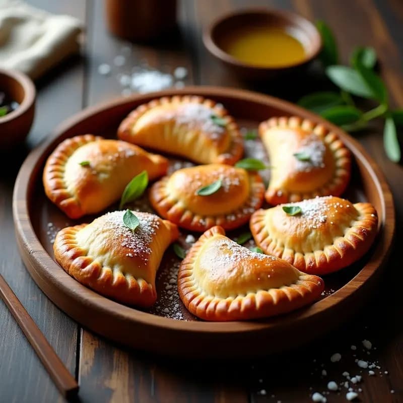 Empanadas chilenas doradas y crujientes rellenas de pino con merluza ahumada, servidas en una bandeja de madera rústica con hojas de laurel y un toque de azúcar glass en la superficie.
