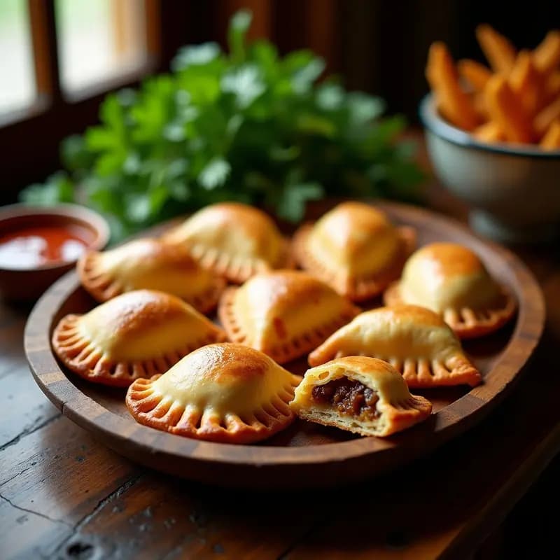 Empanadas chilenas doradas y crujientes al horno, rellenas de merluza desmenuzada, pasas rubias y aceitunas, servidas en una fuente de barro con huevo duro picado visible en el relleno.