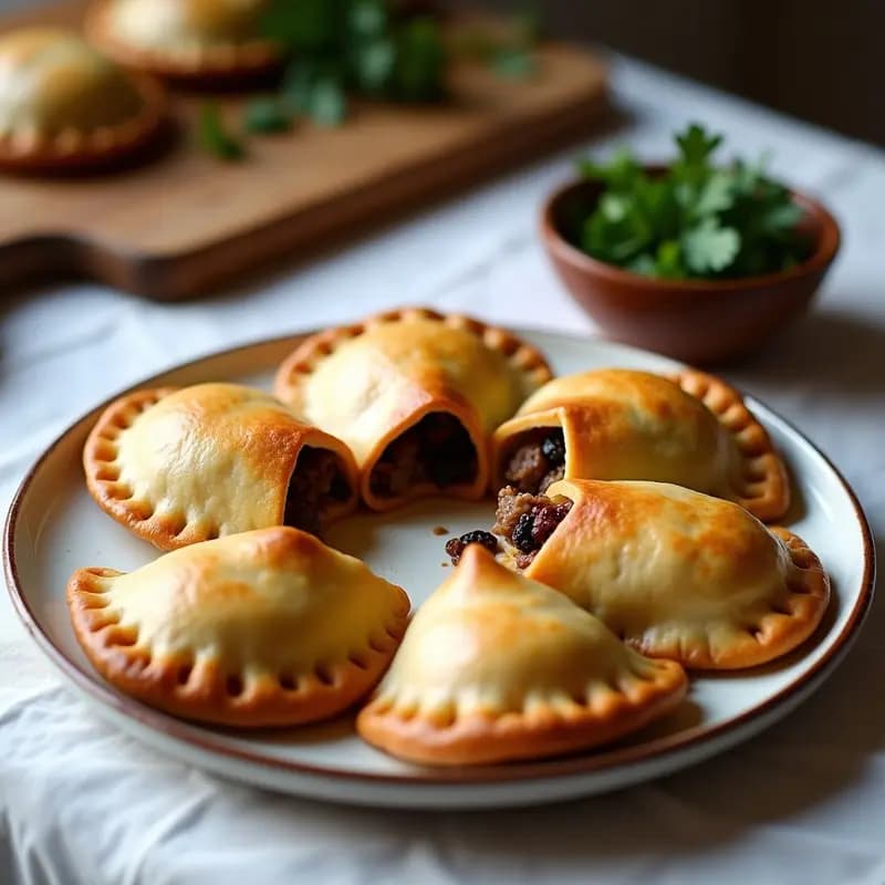 Empanadas chilenas keto de pino y pasas con masa dorada de harina de almendra, dispuestas en una fuente de cerámica rústica sobre un mantel de lino. Se aprecian las capas del relleno y los bordes sellados con tenedor.