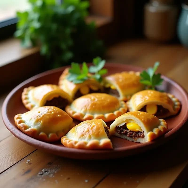 Empanadas de pino estilo pastel de choclo chileno cocinadas en airfryer, con masa dorada y crujiente, rellenas de carne desmenuzada y cubiertas con una capa cremosa de choclo molido gratinado, servidas en un plato de madera rústico.