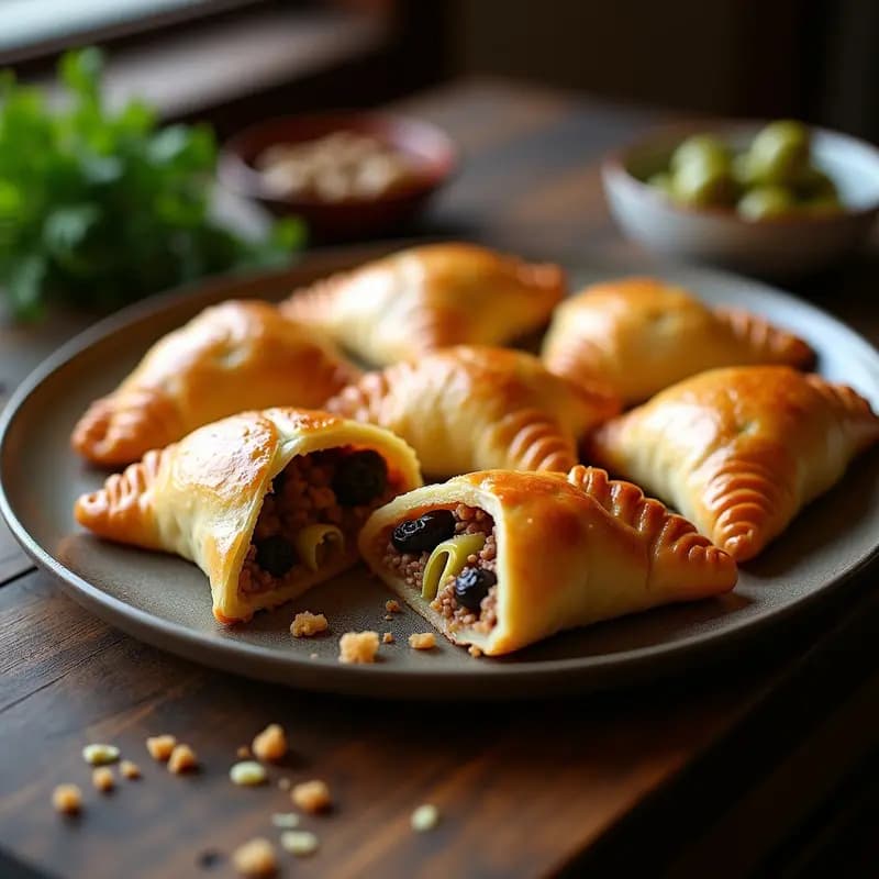 Bandja de empanadas de pino chileno doradas y crujientes, rellenas de picadillo especiado con aceitunas negras y pasas rubias, sobre fondo rústico de madera.