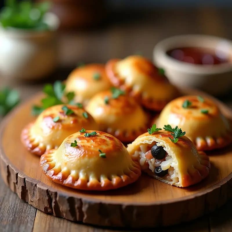 Empanadas chilenas doradas y crujientes rellenas de pino con pollo desmenuzado, aceitunas y pasas, servidas en un plato de madera rústico con pebre al lado.