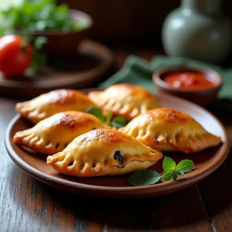 Empanadas chilenas de pino con queso y aceitunas en airfryer, doradas y crujientes, servidas en un plato de madera rústico con salsa pebre al lado.