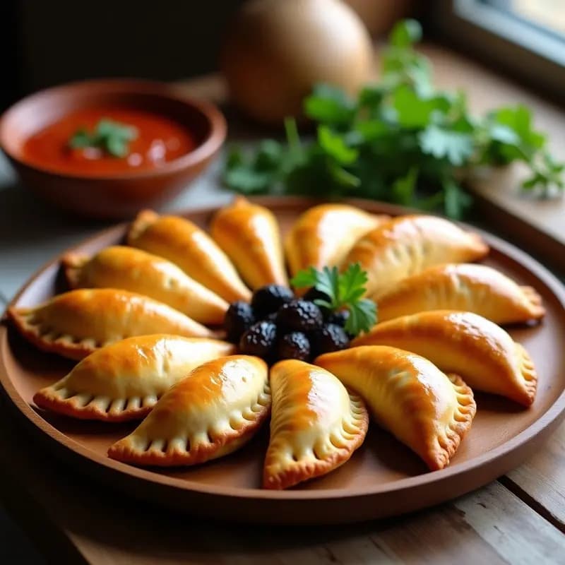 Empanadas chilenas doradas y crujientes rellenas de pino, queso de cabra y uvas pasas, dispuestas en una bandeja de madera rústica con hojas de laurel y un bol de pebre al lado.