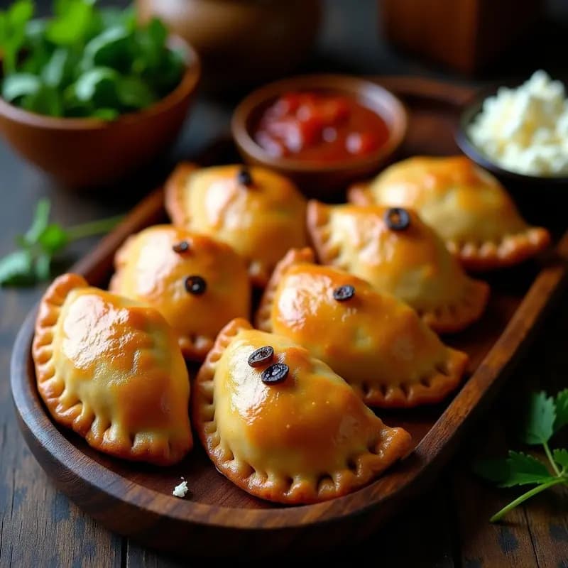 Empanadas chilenas doradas de masa de yuca rellenas de pino y queso de cabra, servidas en una bandeja de madera rústica con hierbas frescas al lado, receta sin gluten en olla exprés.
