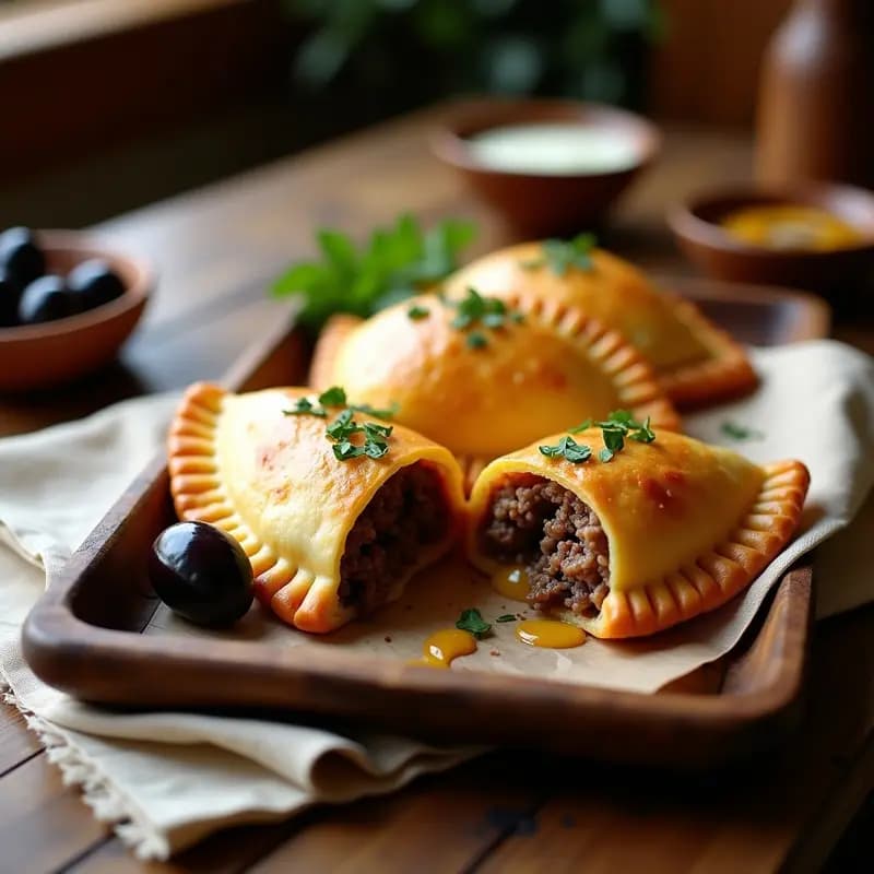 Empanadas doradas y crujientes rellenas de pino, queso de oveja desmenuzado y aceitunas kalamata, con bordes bien sellados y brillo de huevo batido, servidas en una fuente de madera rústica.