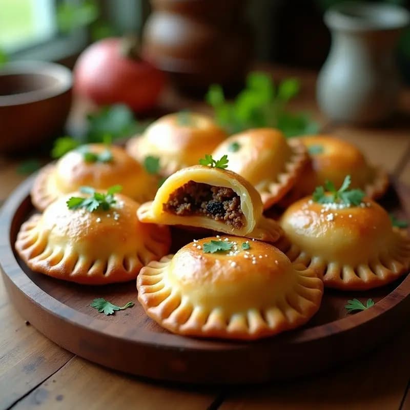 Empanadas chilenas gourmet de pino y queso de oveja horneadas en airfryer, doradas y crujientes, con bordes bien sellados y relleno jugoso visible en el corte. Servidas en una fuente de madera rústica con hierbas frescas de decoración.