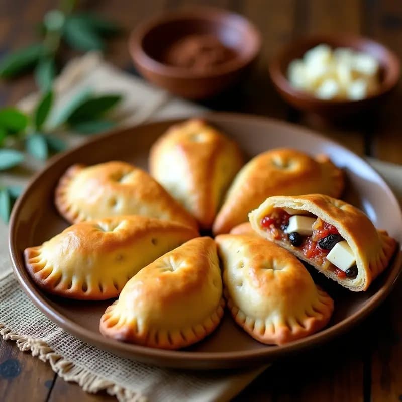 Empanadas de pino con queso de soja veganas al horno, doradas y crujientes, dispuestas en una fuente de barro rústica con hojas de laurel. Relleno jugoso de cebolla, tomate y aceitunas visiblemente abiertas por la mitad, mostrando el queso de soja cremoso en su interior.
