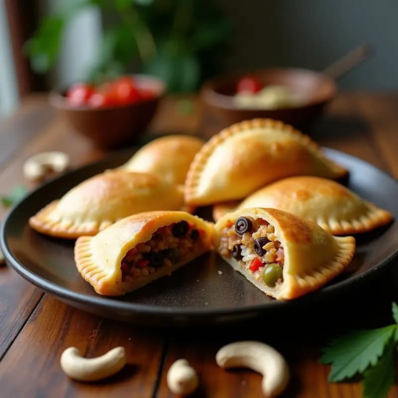 Empanadas chilenas veganas doradas en bandeja de horno, rellenas de pino con hongo shimeji y queso de anacardos cremoso, con bordes perfectamente sellados y un acabado brillante.