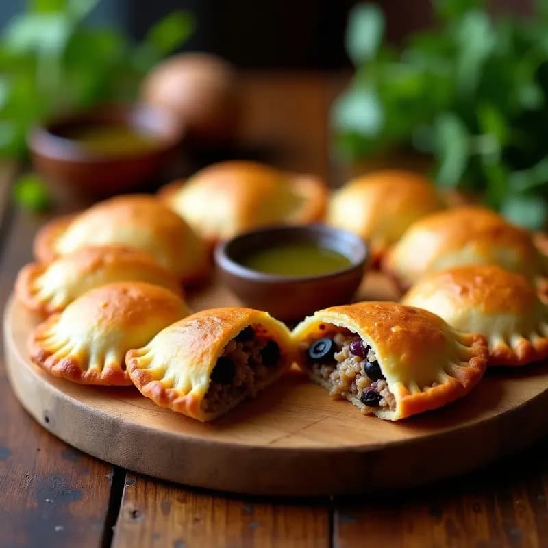 Empanadas chilenas de pino vegano doradas y crujientes, rellenas de carne de soja, cebolla morada y queso vegano derretido, servidas en una fuente de madera con hojas de cilantro. Receta en airfryer.