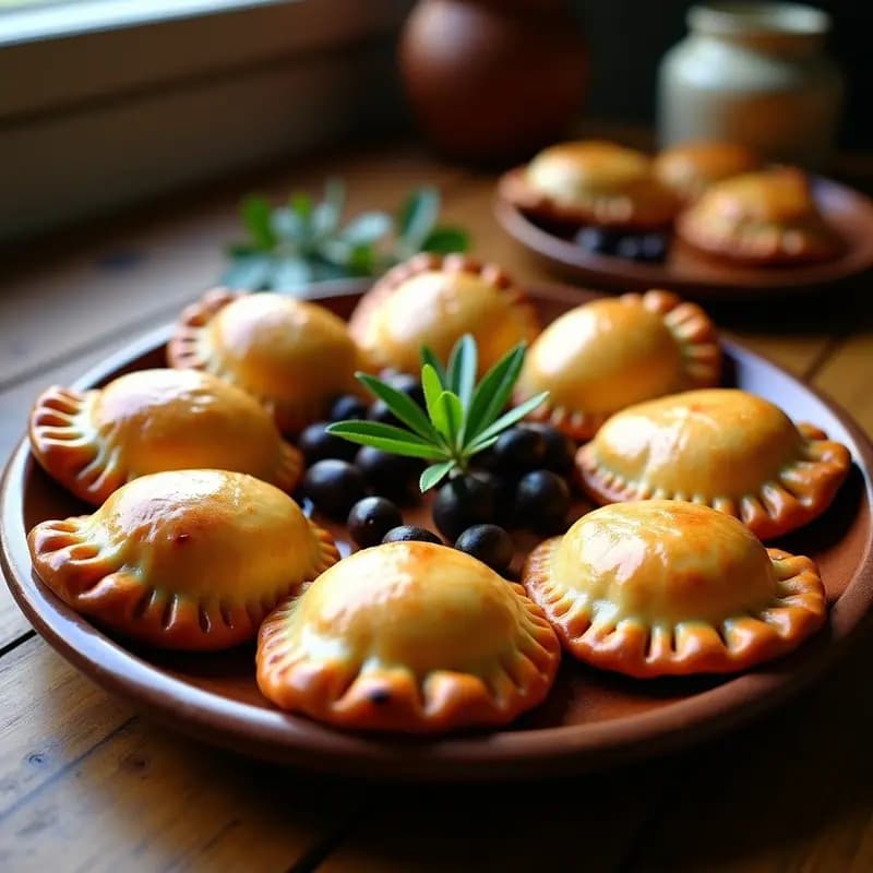 Empanadas chilenas de pino veganas doradas al horno, con relleno de soja texturizada, aceitunas y pasas, dispuestas en una bandeja de madera rústica con un pebre verde al lado.