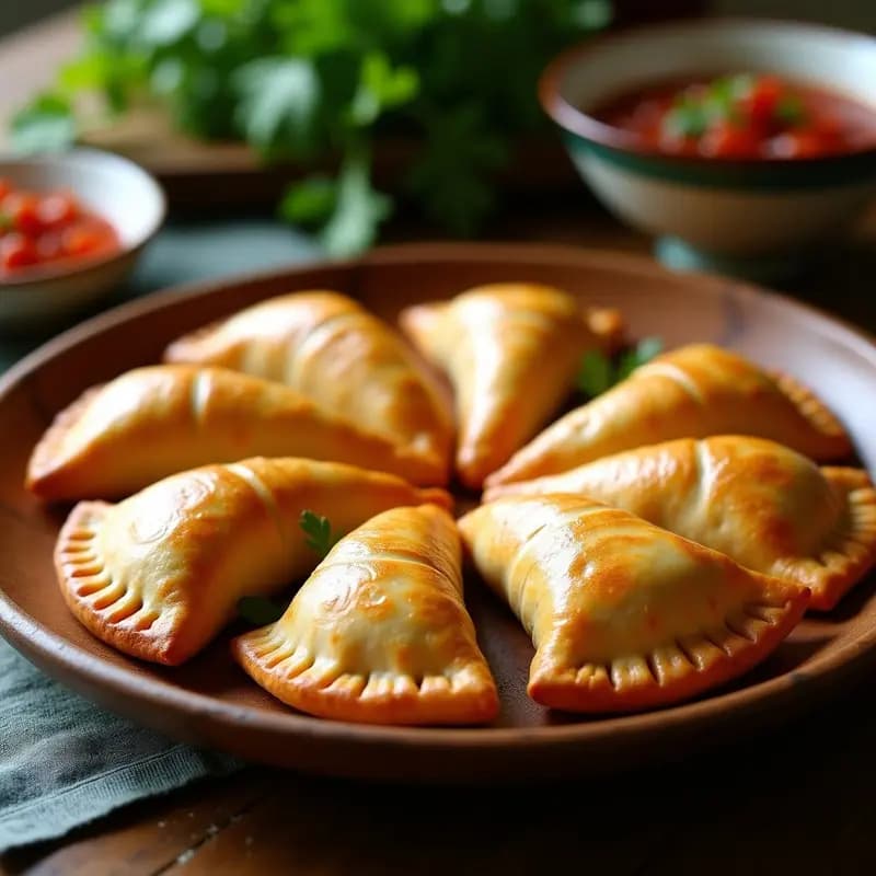 Empanadas chilenas de pino veganas con relleno de soya texturizada, doradas y crujientes, servidas en una fuente de barro con hoja de laurel. Vista superior de empanadas recién horneadas con bordes repulgados y corte central.
