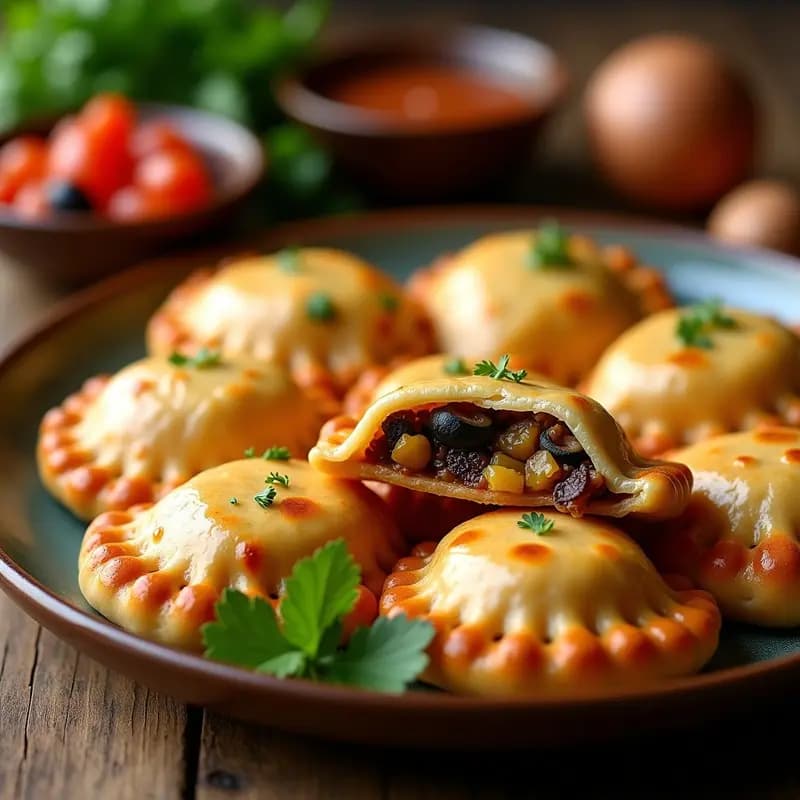 Empanadas de pino veganas doradas y crujientes en airfryer, rellenas de hongos portobello, cebolla morada caramelizada y pasas rubias, servidas en un plato de madera rústico con hojas de cilantro fresco.