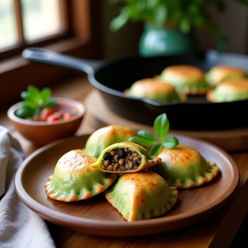 Empanadas de pino veganas con masa de espinacas doradas en sartén, rellenas de lentejas, champiñones y especias, servidas con pebre. Receta chilena sin horno, alta en proteína y saludable.