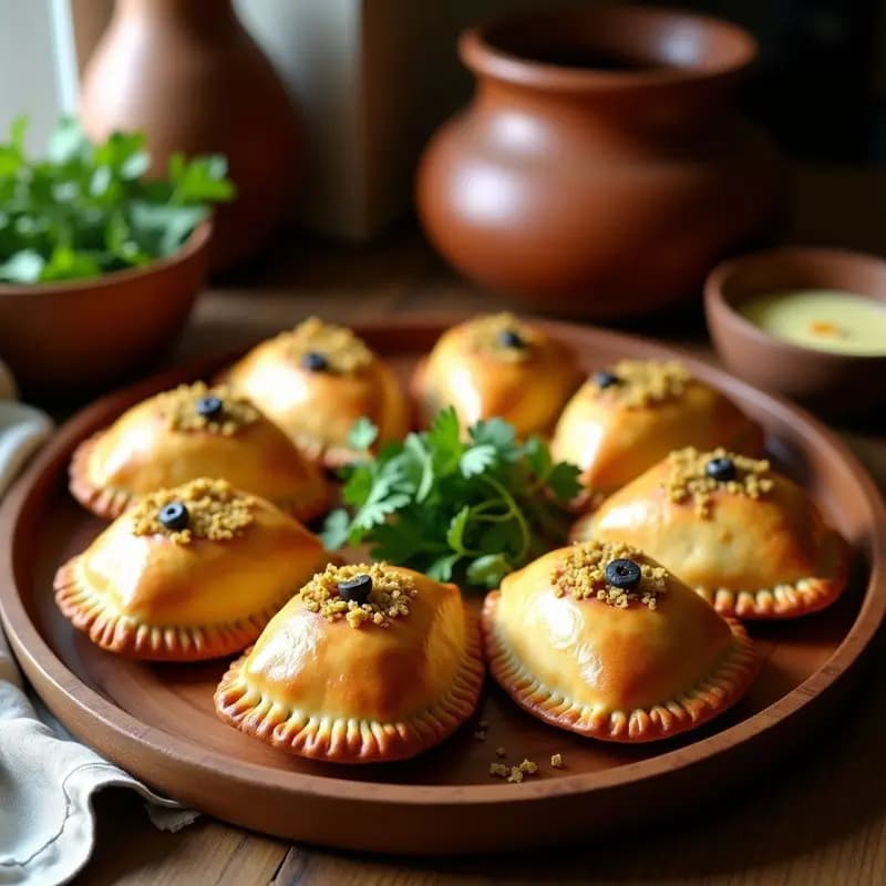 Empanadas de pino veganas chilenas horneadas, doradas y crujientes, con relleno de seitán desmenuzado, huevo de lino, pasas y aceitunas, dispuestas en una bandeja de madera rústica con hojas de cilantro fresco.